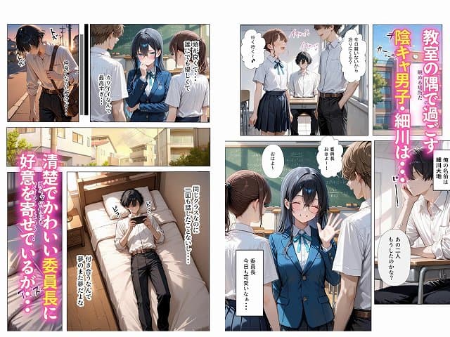 【清楚彼女がいるのにギャルとの予行練習（生本番）がやめられない話【ぬるぬるエロアニメ動画同梱】】ギャル箱@教室の隅で頬杖をつく男子生徒と、前方の席で会話する男女の様子。ベッドでスマートフォンを触る男子生徒と、委員長が男子生徒に挨拶している描写。俺の名前は細川大地、清楚でかわいい委員長に好意を寄せているが…。