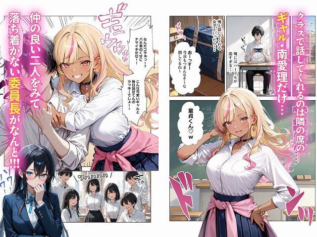 【清楚彼女がいるのにギャルとの予行練習（生本番）がやめられない話【ぬるぬるエロアニメ動画同梱】】ギャル箱@金髪ギャルの女子生徒が男子生徒に後ろから抱きついている描写。それを遠くから見つめる黒髪の女子生徒。クラスで話してくれるのは隣の席のギャル・南愛理だけ…、仲の良い二人をみて落ち着かない委員長がなんと!!!。