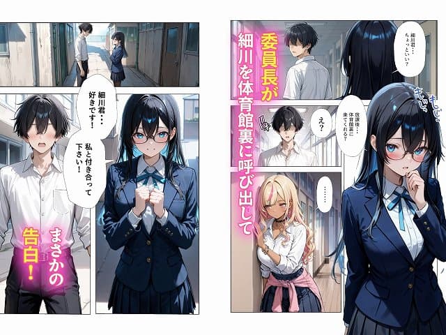 【清楚彼女がいるのにギャルとの予行練習（生本番）がやめられない話【ぬるぬるエロアニメ動画同梱】】ギャル箱@黒髪の女子生徒が両手を握り、男子生徒に向かって顔を赤らめている描写。委員長が細川を体育館裏に呼び出して、細川君…好きです！私と付き合って下さい！、まさかの告白！。