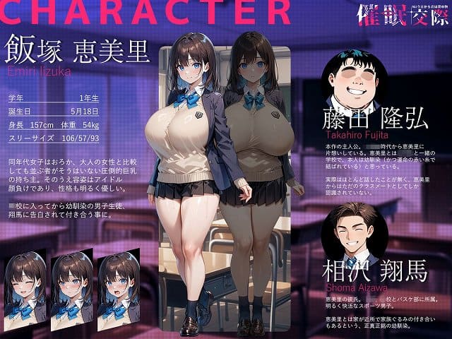 【催●交際 Vol.1_今日から君は僕の物】でぃでぃるworks@キャラクター紹介 圧倒的巨乳の飯塚恵美里と主人公の藤田隆弘、彼氏の相沢翔馬