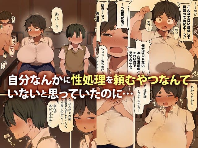 【自分の体の魅力に気づいていない同級生に性処理してもらう話。】三崎@ベッドに座る男子生徒から指名され、驚きと照れた表情を見せるチアキ。「自分なんかに性処理を頼むやつなんていないと思っていたのに…」というテキストが描かれている。