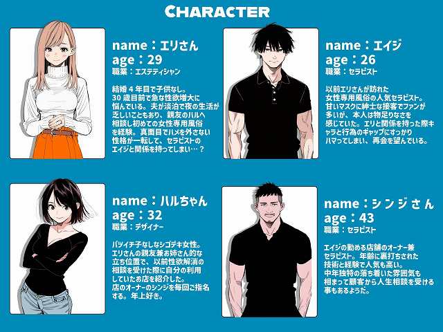 【【続編:エリさん2】人妻達の憂鬱・真面目な人妻エリさん2親友のハルちゃんと一緒に風俗編】AOI-Atelier@女性2人男性2人の登場人物紹介